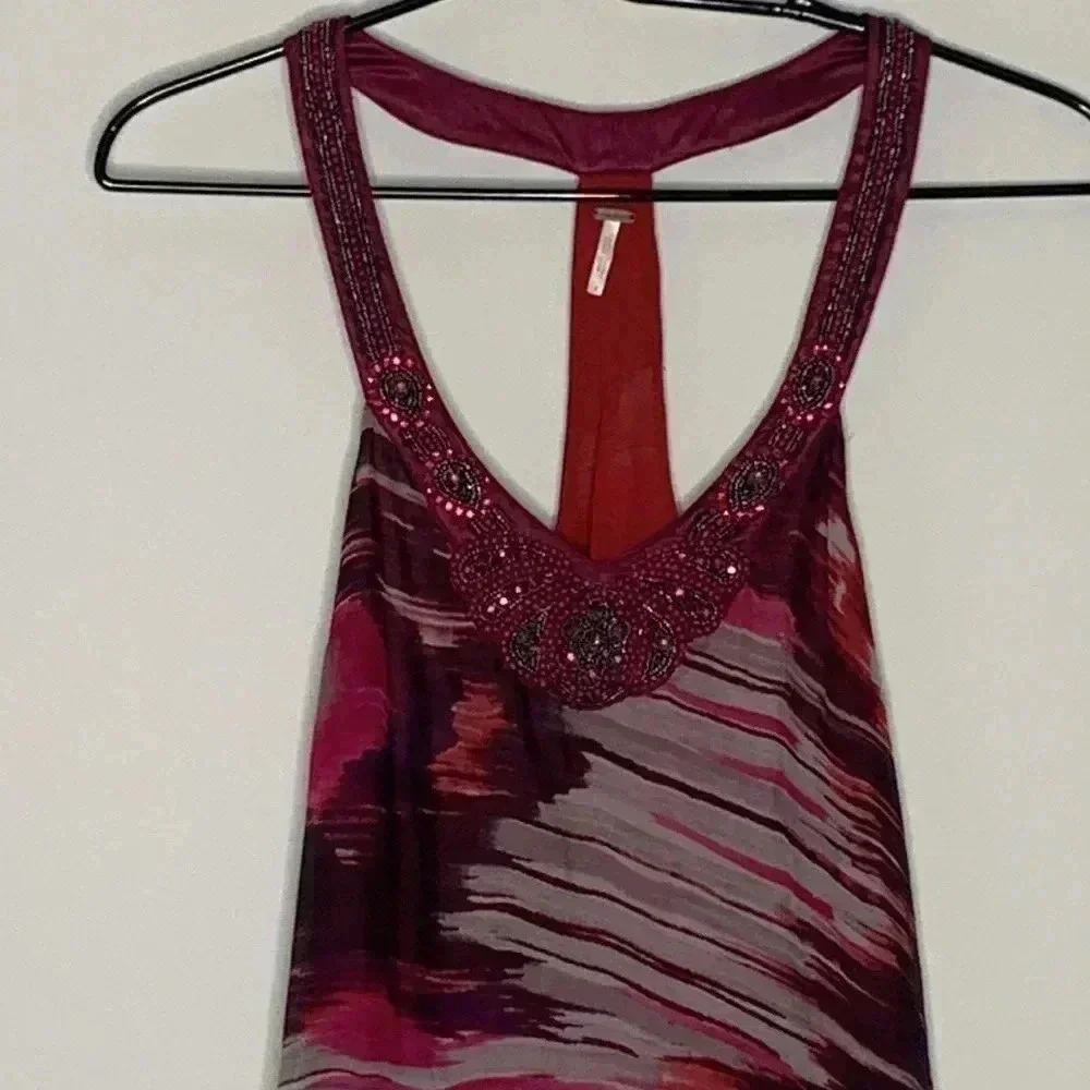FREE PEOPLE RED OAXACA WATER COLOR SILK BEADED V NECK DRESS Sz 4
